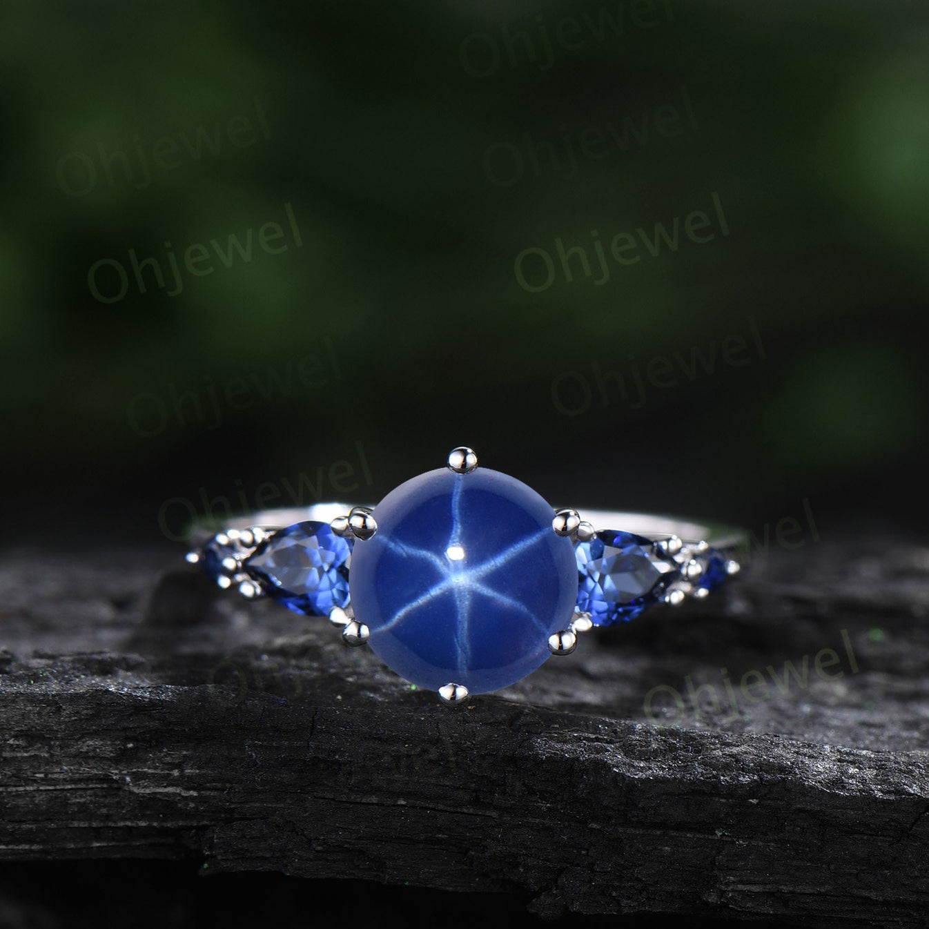 Round blue star sapphire ring vintage pear sapphire ring five stone bl