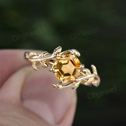 Vintage Hexagon citrine engagement ring nature inspired peridot ring women twig leaf moissanite ring yellow gold branch wedding ring gift