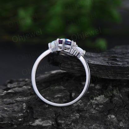 Vintage Long hexagon alexandrite engagement ring opal amethyst ring 14k white gold cluster moissanite anniversary wedding bridal set women