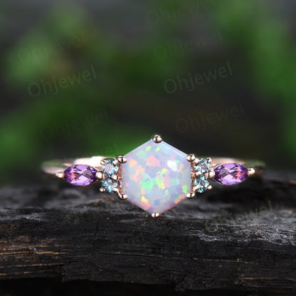 Vintage hexagon cut white opal engagement ring 14k rose gold marquise moonstone ring women dainty alexandrite bridal anniversary ring gift