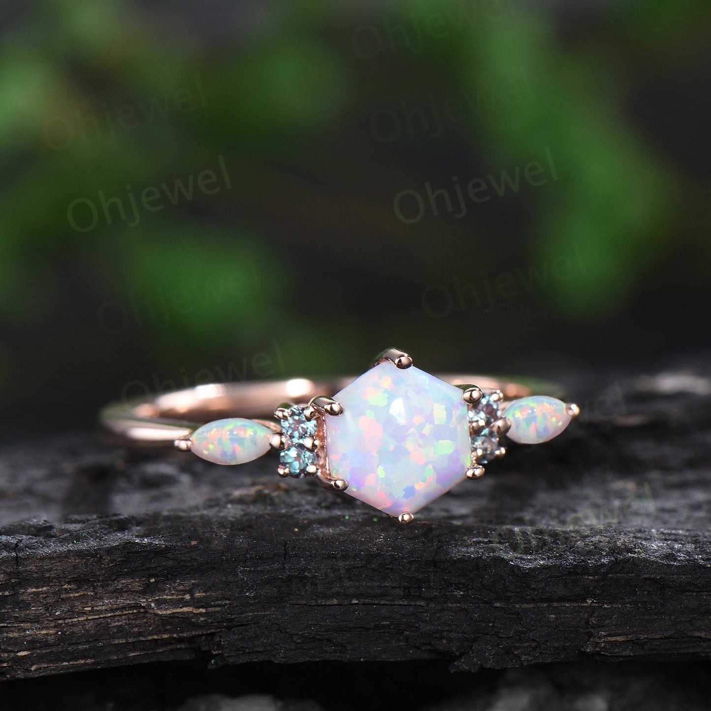 Vintage hexagon cut white opal engagement ring 14k rose gold marquise moonstone ring women dainty alexandrite bridal anniversary ring gift