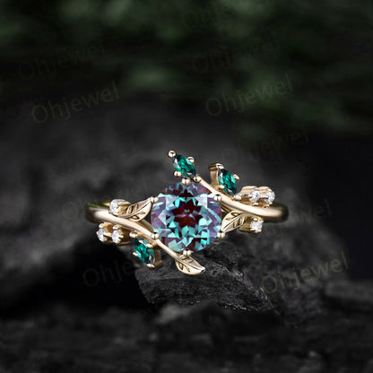 Vintage round Alexandrite engagement ring art deco leaf moonstone ring women rose gold nature inspired moissanite promise wedding ring gift