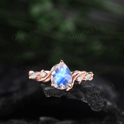 Vintage pear shaped moonstone engagement ring leaf opal ring set  nature inspired branch moissanite promise wedding bridal ring set women