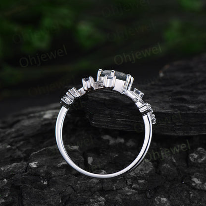 Vintage Hexagon green emerald engagement ring rose gold silver cluster diamond ring leaf nature inspired unique bridal wedding ring women