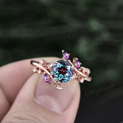 Vintage round Alexandrite engagement ring art deco leaf moonstone ring women rose gold nature inspired moissanite promise wedding ring gift