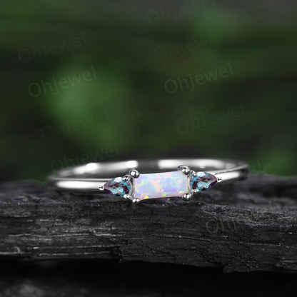 Dainty Baguette cut white opal ring vintage three stone pear amethyst ring 14k rose gold unique engagement ring women anniversary ring gift
