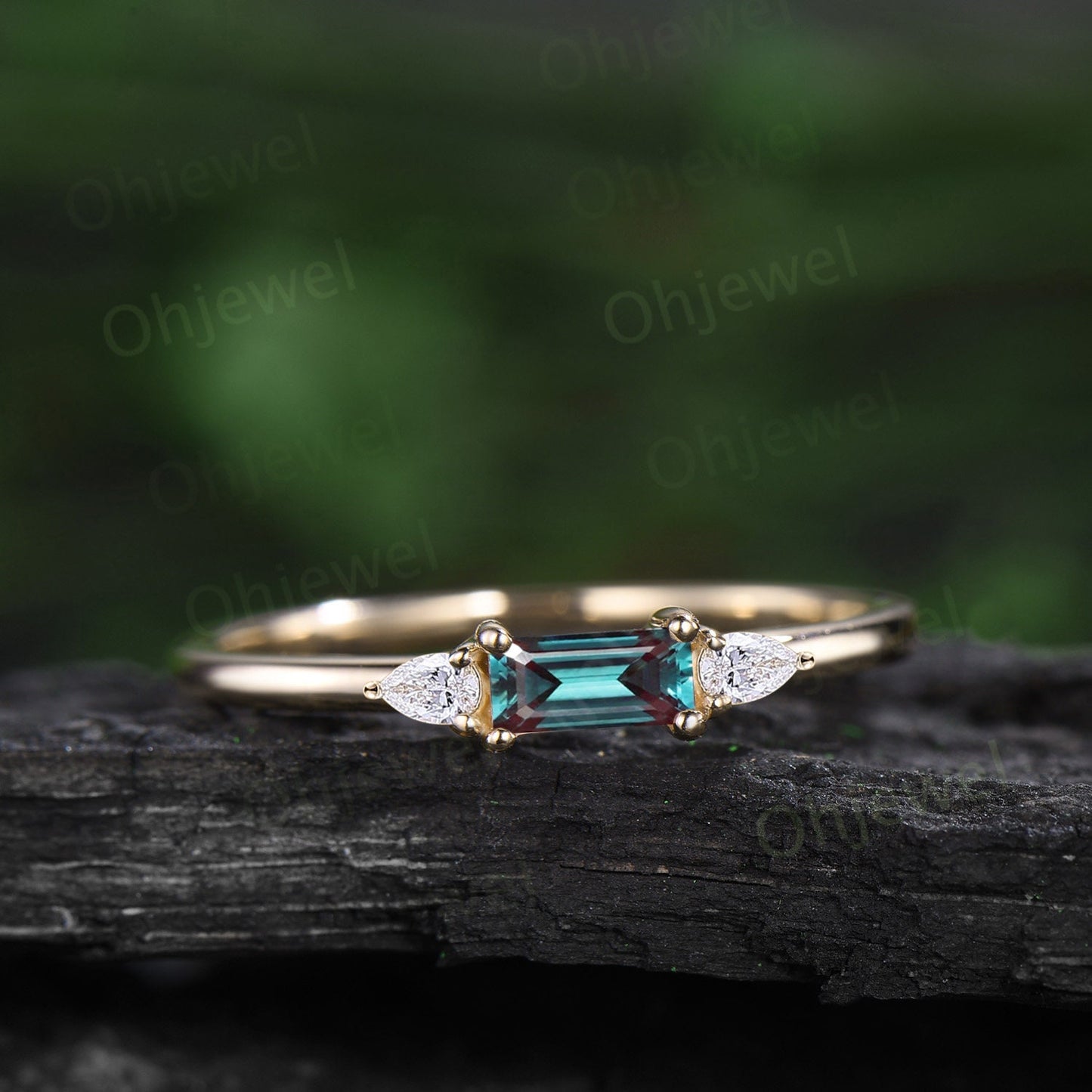 Dainty Baguette cut alexandrite ring vintage three stone pear moss agate ring rose gold unique engagement ring women anniversary ring gift