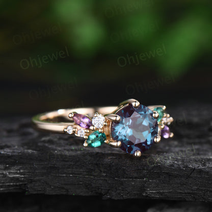 Vintage round alexandrite engagement ring rose gold cluster snowdrift diamond ring emerald amethyst ring women unique bridal wedding ring