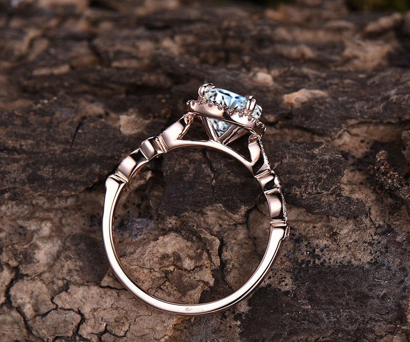 Natural moonstone engagement ring rose gold 14K/18K moonstone ring diamond halo ring June birthstone wedding marquise bridal promise ring