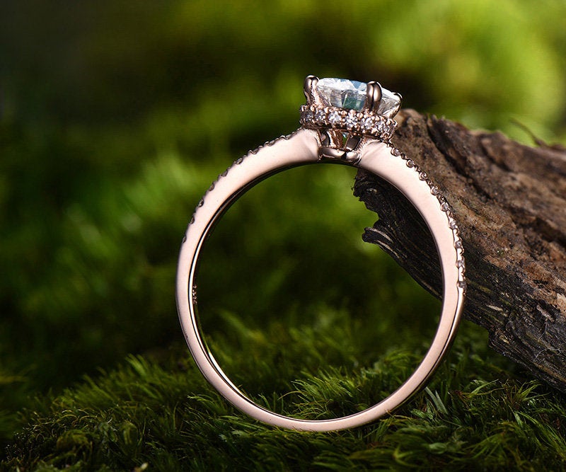 1ct moonstone engagement ring rose gold 14K/18K moonstone ring moissanite under basket halo wedding band June birthstone ring promise ring