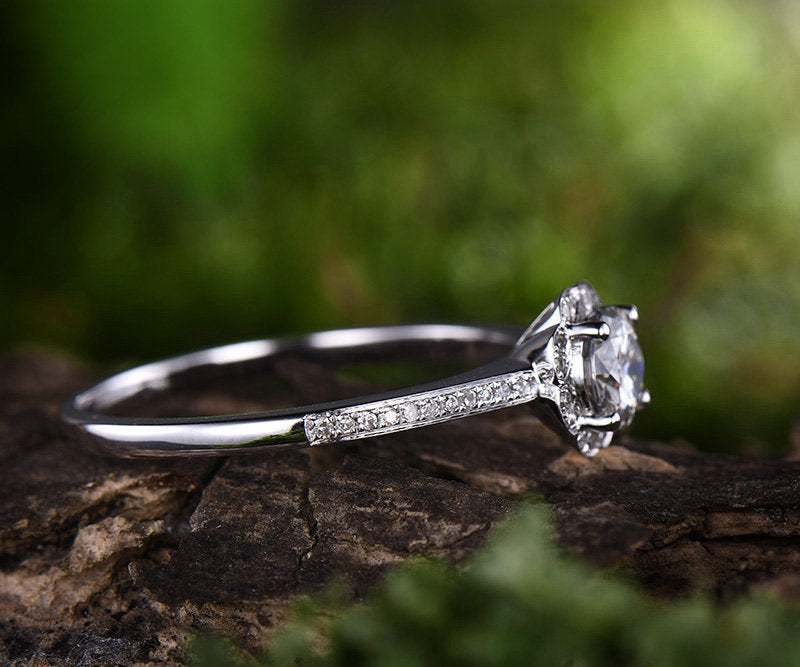 Unique round moissanite engagement ring rose gold 14K/18K diamond halo ring wedding ring band half eternity flower promise anniversary ring