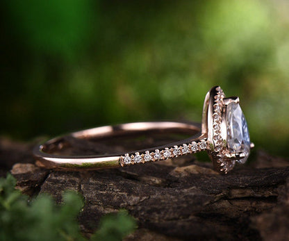 1ct pear cut moonstone engagement ring rose gold 14K/18K halo diamond wedding ring half eternity stackable june birthstone promise ring