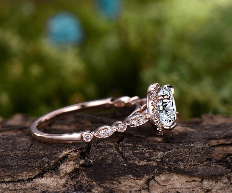 1.25 carat brilliant Moissanite engagement ring rose gold 14K/18K with diamond halo wedding band half eternity stackable promise bridal ring