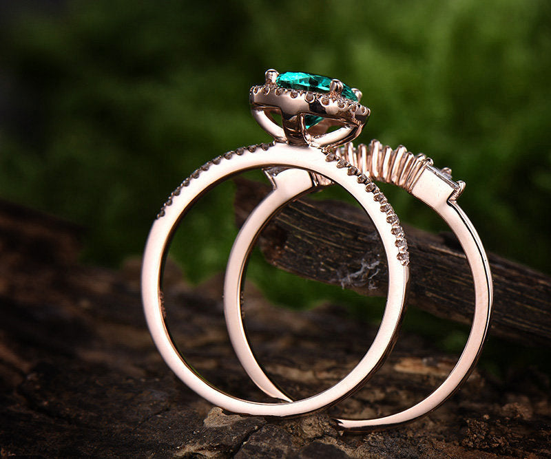 1.2ct emerald engagement ring set rose gold 14K/18K emerald ring gold set Crown matching halo diamond wedding ring band may birthstone ring