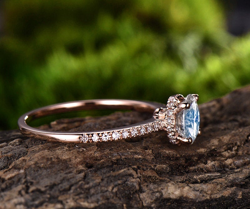 1ct moonstone engagement ring rose gold 14K/18K moonstone ring moissanite under basket halo wedding band June birthstone ring promise ring