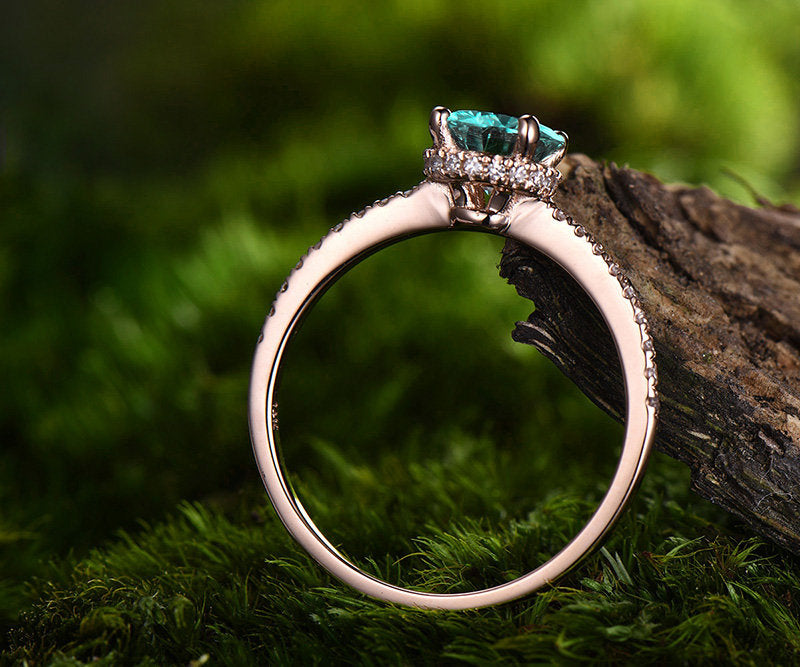 Emerald ring gold vintage 1ct emerald engagement ring rose gold 14K/18K moissanite under basket halo wedding band birthstone promise ring
