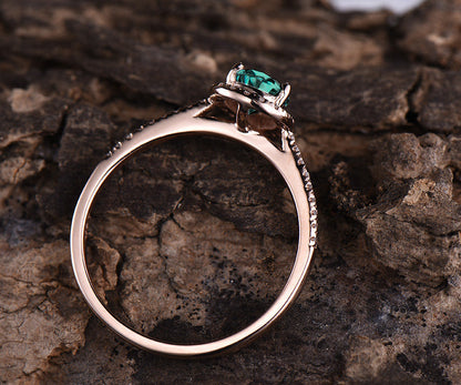 0.8ct green emerald engagement ring rose gold 14K/18K halo moissanite wedding ring half eternity stackable birthstone promise emerald ring