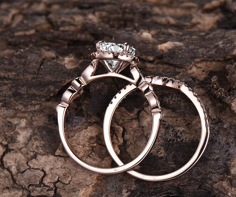 Moonstone engagement ring set rose gold 14K/18K moonstone ring gold set moissanite halo wedding ring band June birthstone ring promise ring