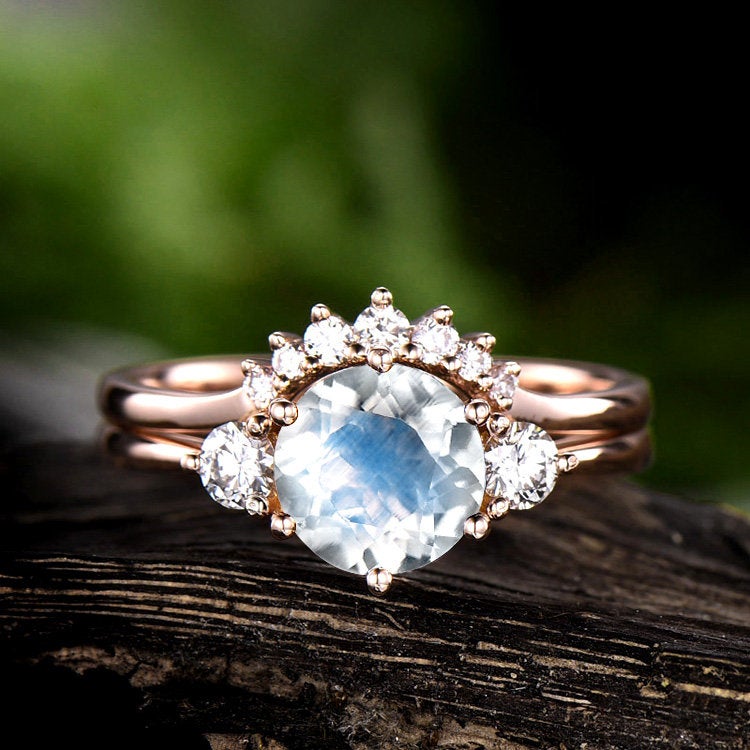 Three stone moonstone engagement ring set rose gold 14K/18K moonstone ring gold june birthstone ring moissanite wedding ring promise ring