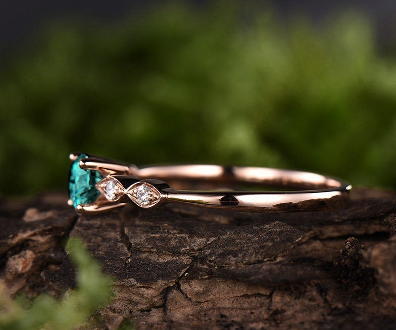 Green emerald engagement ring rose gold 14K/18K emerald ring may birthstone ring diamond wedding ring unique marquise promise ring