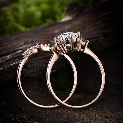 Three stone ring vintage aquamarine engagement ring set rose gold ring set women custom jewelry March birthstone ring moissanite ring set