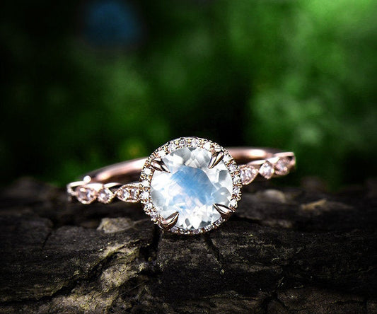 Natural moonstone engagement ring rose gold 14K/18K moonstone ring diamond halo ring June birthstone wedding marquise bridal promise ring