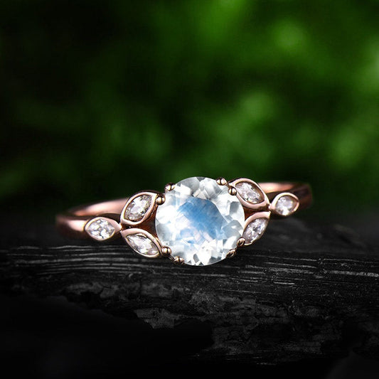 1ct natural moonstone engagement ring rose gold 14K/18K moonstone ring gold art deco flower moissanite June birthstone wedding promise ring