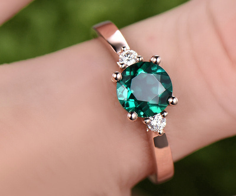 1ct three stone emerald engagement ring rose gold 14K/18K May birthstone ring emerald ring gold diamond wedding ring band promise ring