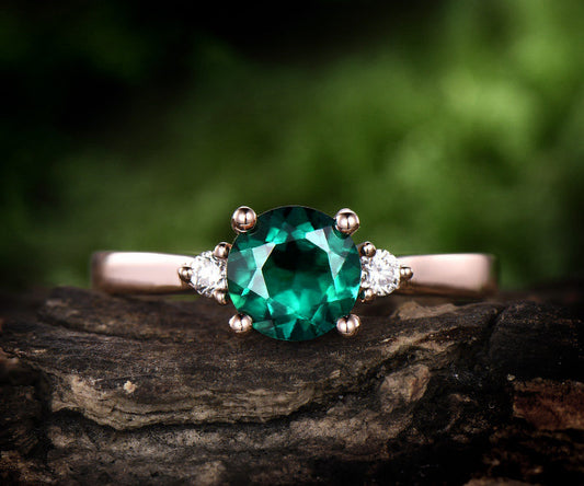 1ct three stone emerald engagement ring rose gold 14K/18K May birthstone ring emerald ring gold diamond wedding ring band promise ring