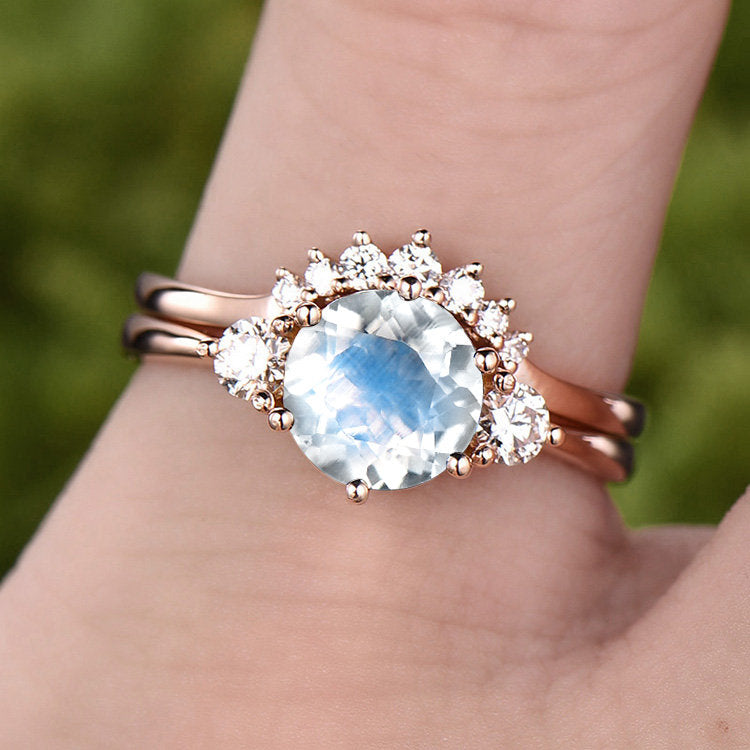Three stone moonstone engagement ring set rose gold 14K/18K moonstone ring gold june birthstone ring moissanite wedding ring promise ring