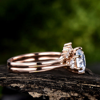Three stone moonstone engagement ring set rose gold 14K/18K moonstone ring gold june birthstone ring moissanite wedding ring promise ring