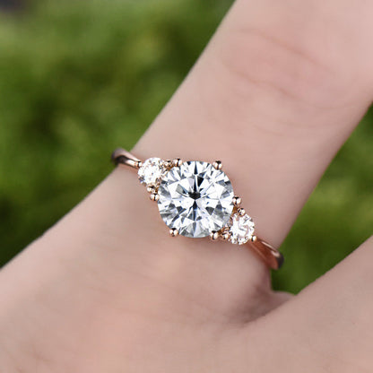 Three stone moissanite engagement ring rose gold 14K/18K moissanite ring rose gold moissanite wedding ring band unique promise ring