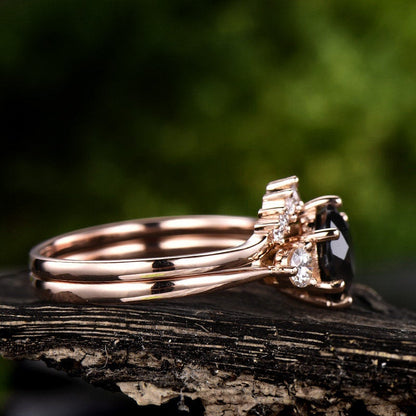 Natural black spinel engagement ring set rose gold 14K/18K black spinel ring gold Three stone engagement ring moissanite wedding ring
