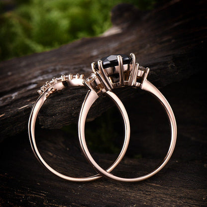 Natural black spinel engagement ring set rose gold 14K/18K black spinel ring gold Three stone engagement ring moissanite wedding ring
