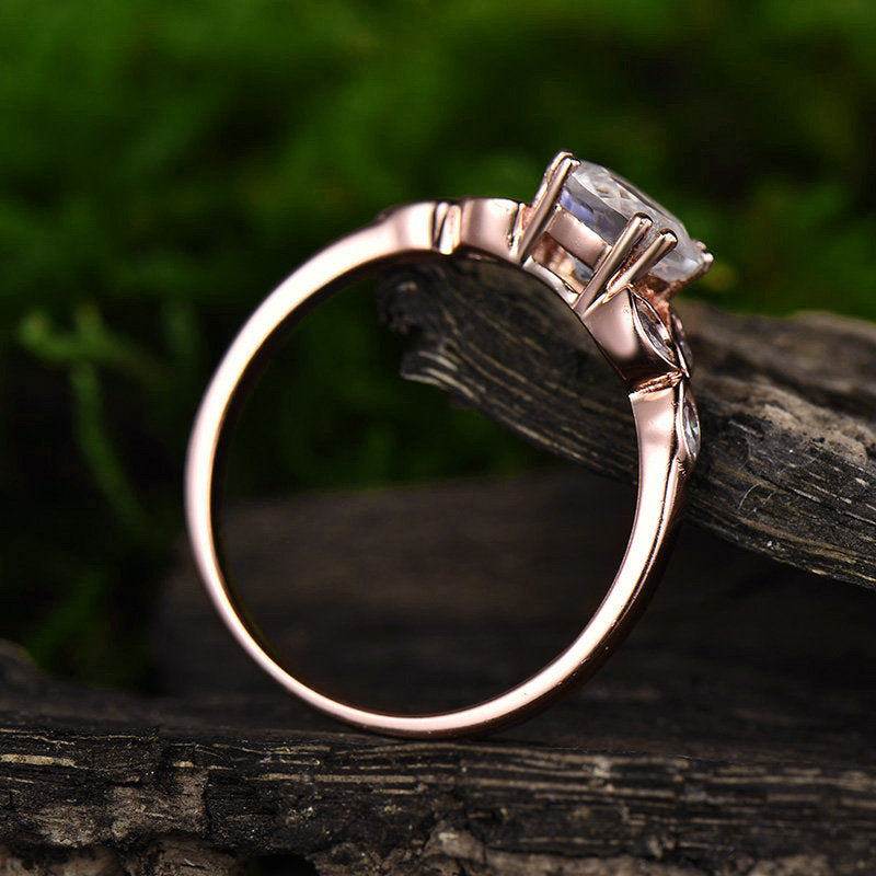 1ct natural moonstone engagement ring rose gold 14K/18K moonstone ring gold art deco flower moissanite June birthstone wedding promise ring
