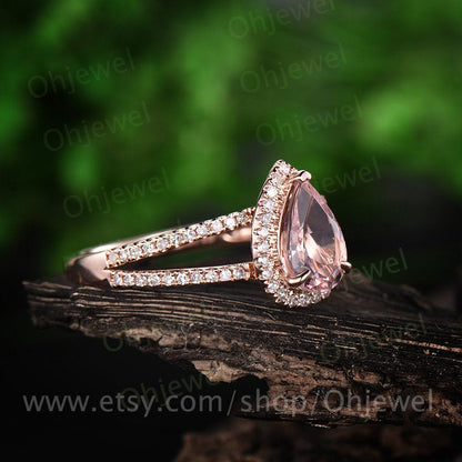 6x9mm pink morganite engagement ring rose gold 14K/18K diamond halo ring split shank ring stackable wedding anniversary promise bridal ring