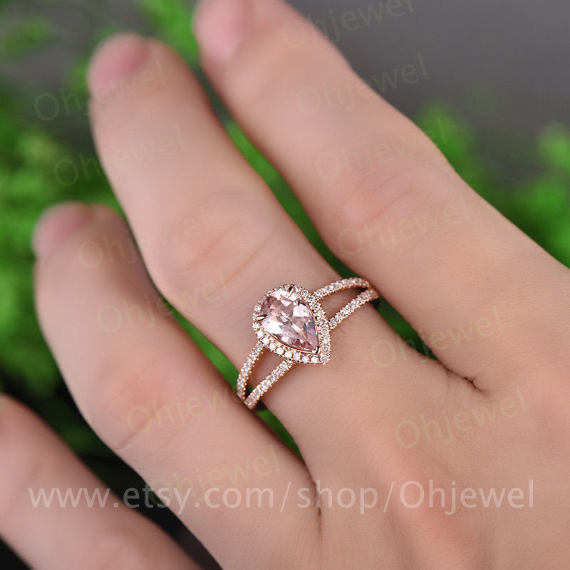 6x9mm pink morganite engagement ring rose gold 14K/18K diamond halo ring split shank ring stackable wedding anniversary promise bridal ring