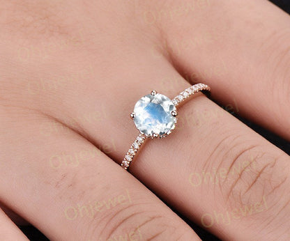 1ct moonstone engagement ring rose gold 14K/18K moonstone ring moissanite under basket halo wedding band June birthstone ring promise ring