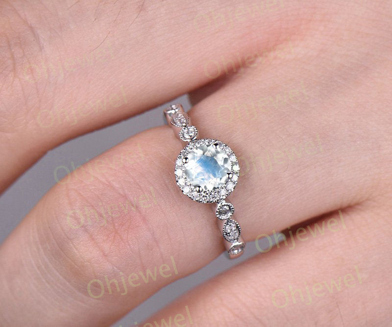 0.5ct blue moonstone engagement ring white gold 14K/18K moissanite halo wedding band june birthstone ring stackable promise moonstone ring
