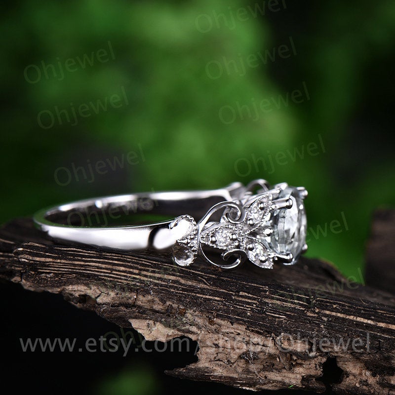 Natural moonstone engagement ring white gold 14K/18K diamond ring moonstone ring vintage unique gift promise wedding June birthstone ring