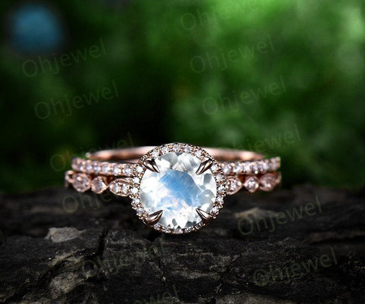 Moonstone engagement ring set rose gold 14K/18K moonstone ring gold set moissanite halo wedding ring band June birthstone ring promise ring