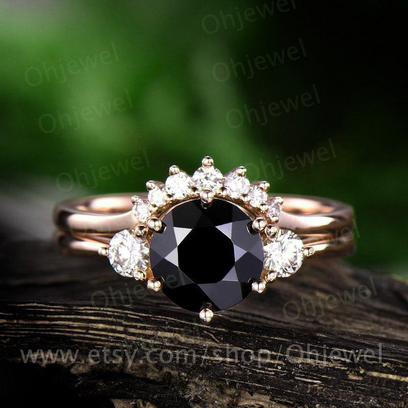 Natural black spinel engagement ring set rose gold 14K/18K black spinel ring gold Three stone engagement ring moissanite wedding ring