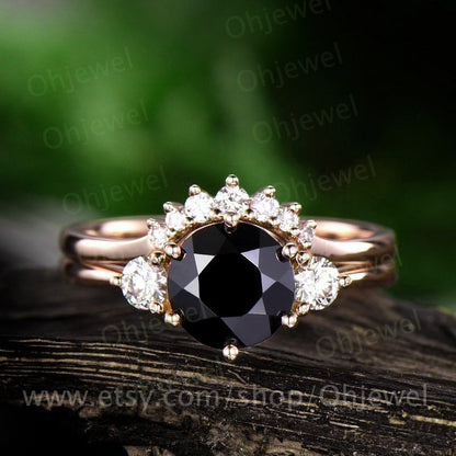 Natural black spinel engagement ring set rose gold 14K/18K black spinel ring gold Three stone engagement ring moissanite wedding ring