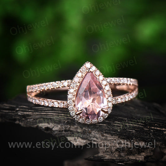 6x9mm pink morganite engagement ring rose gold 14K/18K diamond halo ring split shank ring stackable wedding anniversary promise bridal ring