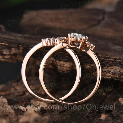 1.5ct three stone moissanite engagement ring set rose gold 14K/18K curved wedding band macthing crown antique gift  bridal promise ring set