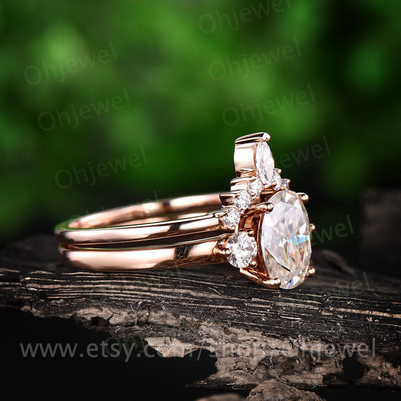 1.5ct three stone moissanite engagement ring set rose gold 14K/18K curved wedding band macthing crown antique gift  bridal promise ring set