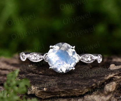 Natural blue moonstone engagement ring white gold diamond wedding band moonstone ring gold June birthstone marquise vintage promise ring