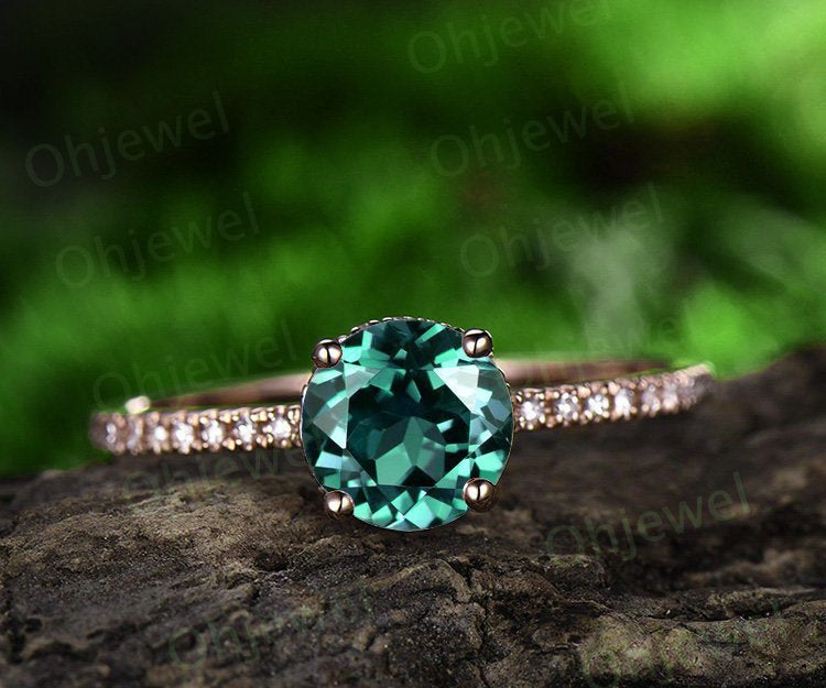 Emerald ring gold vintage 1ct emerald engagement ring rose gold 14K/18K moissanite under basket halo wedding band birthstone promise ring