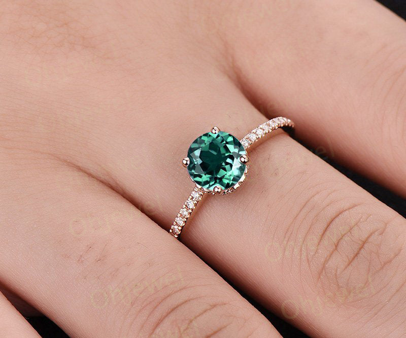 Emerald ring gold vintage 1ct emerald engagement ring rose gold 14K/18K moissanite under basket halo wedding band birthstone promise ring