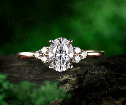Oval cut moissanite engagement ring 14K 18K rose gold 7 stone moissanite ring for women dainty unique vintage engagement ring wedding ring
